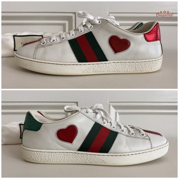Authentic GUCCI White Leather Ace Heart Embroidered Web Low Top Sneakers 36/6 G - Picture 12 of 13